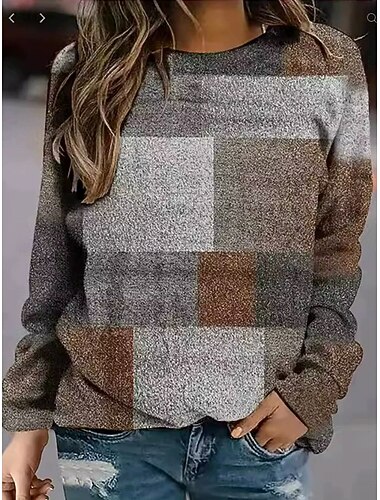  Жен. Пуловер Толстовка Графика Геометрический принт В клетку Мода На каждый день Длинный рукав Круглый вырез Обычные топы Для улицы На каждый день Повседневные С принтом Лиловый Коричневый Зеленый