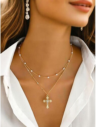  Kerstkruisketting voor dames, gelaagde gouden ketting met parel- en strass-hanger, elegante feestsieraden voor feesten, bruiloften en als cadeau