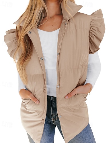  Γυναικεία Veste Διατηρείτε Ζεστό Άνετο Τσέπη Κουμπιά Καθημερινό Σκέτο Διακοπές Δρόμος Καθημερινά Ρούχα Εξόδου Κανονικό Όρθιος Γιακάς Κανονικό Αμάνικο Εξωτερικά ενδύματα Μαύρο Ανθισμένο Ροζ Καφέ