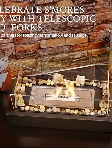  Tabletop Fire Pit - Safer Stainless Steel Small Table Fireplace with Cobblestone for Dinner Parties, Smores Maker