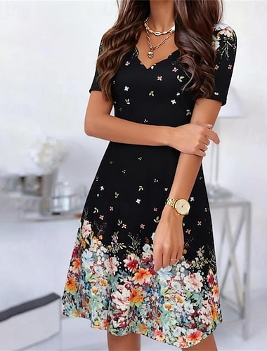  Жен. Мини-платье Черное платье Повседневное платье Летнее платье Элегантный стиль Мода Романтика на открытом воздухе Для вечеринок Свидание Стандартный Цветочный принт С короткими рукавами V