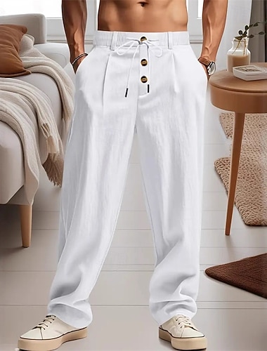  Férfi Vászon nadrág Nadrág Nyári nadrág Strand nadrág Zseb Gombok Sima Mokaszinok Légáteresztő Vakáció Napi Szabadság Hawaii Boho Fekete Fehér