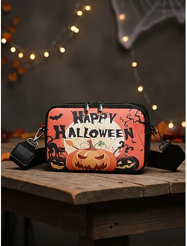  Halloween crossbody schoudertas voor dames – kunstleren pompoen-, schedel- en vleermuisprint portemonnee voor feestjes, cosplay en dagelijks gebruik