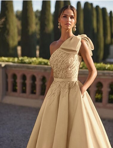  Abito da sera a-linea elegante formale per matrimoni lungo fino al pavimento senza maniche a spalla unica in raso con fiocchi glitterati e perline