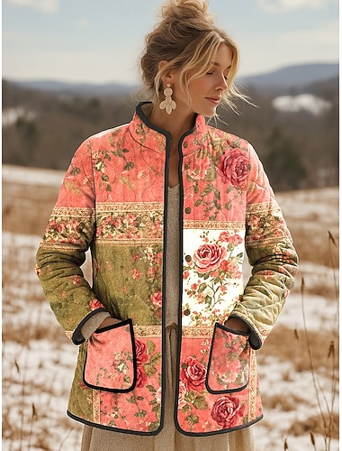  Жен. Зимняя куртка Стеганая куртка Сохраняет тепло Легкость С принтом Активный Винтаж Симпатичные Стиль Художественный Цветочный принт Повседневные Короткая Воротник-стойка Стандартный Длинный рукав