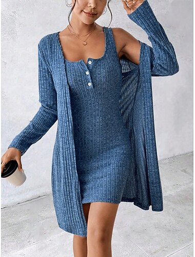  Damen Pullover Kleid Strickset Lässig Weich Einfarbig Gerippt U-Ausschnitt Knöpfe Gestrickt Langarm Lange Oberteile Stricken Outdoor Täglich Wochenende Schwarz Blau Herbst Winter