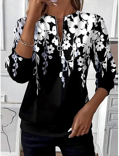  Damen Pullover Sweatshirt Sweatshirts mit Reißverschluss Patchwork Reißverschluss Druck Blumen Grafik Mode Lässig Langarm Rundhalsausschnitt Rundhals Normale Oberteile Straße Alltagskleidung Schwarz