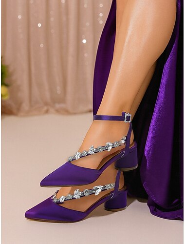  Sapatos femininos de salto bloco de cetim roxo com tiras de strass - sapatos formais elegantes para eventos noturnos e festas noturnas