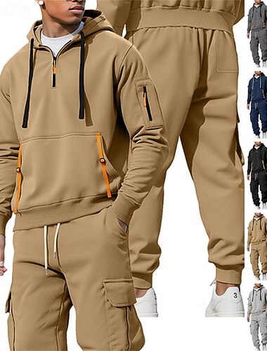  Homme Ensemble Survetement Ensemble de tenues Ensemble de sweats à capuche Sweat à Capuche Extérieur Quotidien Sports Cordon de serrage Avec Poches Demi-zip Uni Noir bleu marine Kaki Polyester Tenues
