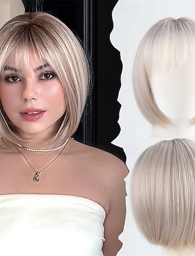  Askeblond Bob-parykk Til hvite kvinner Kort parykk Syntetisk protein 12 tommer Varmebestandig Naturlig utseende Lett hverdagsparykk