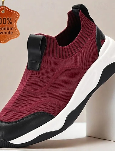  Premium heren instapsneakers van runderleer in bordeauxrood met gebreide bovenkant, comfortabel en stijlvol design voor casual gebruik