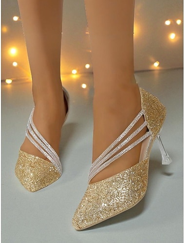  Dames gouden glitter puntige teen hakken - elegante pumps met bandjes en hoge hak voor formele evenementen en uitgaansgelegenheden