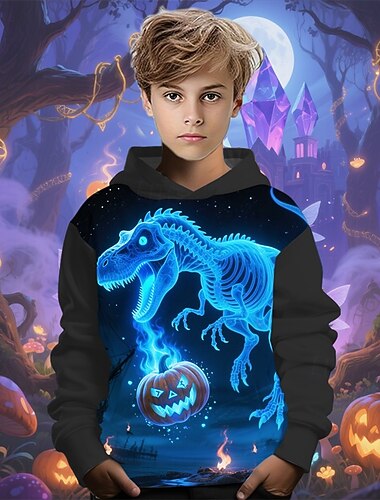  ハロウィーン 男の子 3D カボチャ 恐竜 パーカー 長袖 春 秋 ファッション ストリートファッション 子供 4〜12年 フード付き アウトドア カジュアル 日常 レギュラー