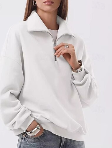  Női Pullover Pulóverek Cipzáras pulóverek Sima Sportok Divat Alkalmi Hosszú ujj Magasnyakú Normál felsők Utca Hétköznapi Alkalmi Félcipzár Negyedcipzár Cipzár Fehér Ősz Tél