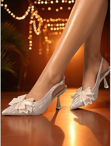  eleganti décolleté con punta affilata e dettagli a fiocco, con tacco a spillo glitterato da donna, per occasioni formali e cocktail party