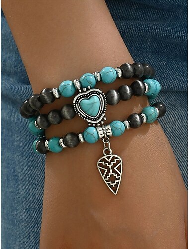  Juego de pulseras de cuentas turquesas para mujer con colgante de corazón, pulsera elástica en capas bohemia, joyería para uso casual, fiestas y regalos.