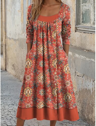  Női Midi ruha Váltó ruha A vonalú ruha Alkalmi Napi Normál Grafika Mértani Hosszú ujj Szögletes Medence Bíbor Narancssárga Lóhere Ősz Tél