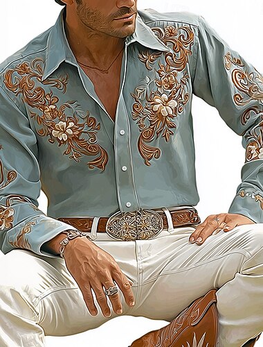  Herr Blomtryck Blommor Skjorta Västerländsk skjorta Cowboyskjorta Långärmad Vintage retro Utomhus Semester Vår Höst Nedvikt 3D-utskrift Linne som skjorta Blå Purpur Kaki