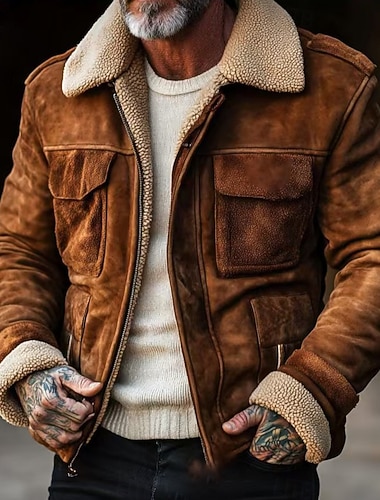 رجالي سترة من جلد الغزال الصناعي سترة الصوف عمل فضفاض جاكيت ضد الرياح الصوف الخريف الشتاء ألوان متناوبة كاجوال ملابس عمل عادية بني كوفي جاكتس