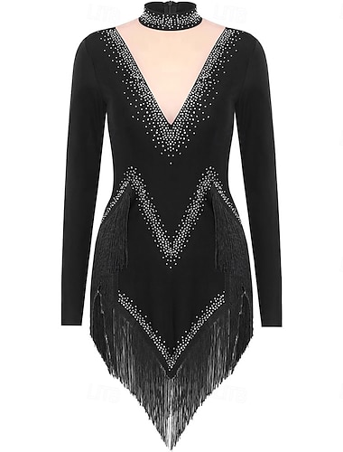  Robe de danse latine scintillante pour femme, manches longues, pompon, costume de performance pour cha cha, salsa, rumba, tango