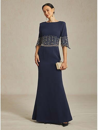  Dame Maxikjole Havfruekjole Kjole med A-linje Elegant Fest Semiformelle kjoler Aftenselskap Normal Blomstret Halvlange ermer Båthals Navyblå Sommer Vår Høst Vinter