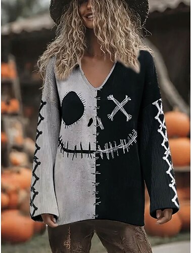  Per donna Felpa Vintage Streetwear Cool Grafico Blocco di colori Scollo a V Stampato Manica Lunga Top Regolari Maglia Halloween Grigio Autunno Inverno