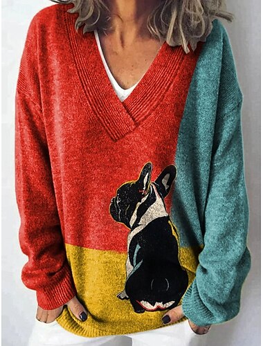  Per donna Felpa Casual Morbido Animale Blocco di colori A Coste Scollo a V Lavorato a maglia Manica Lunga Top Regolari Maglia All'aperto Quotidiano Weekend Giallo Rosso Autunno Inverno