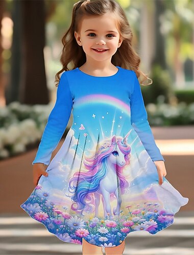  Tyttöjen 3D Yksisarvinen Mekko Pitkähihainen Kesä Kevät Loma Päivittäin Pyhäpäivä Prinsessa Kaunis Makea Lapset 4-12 vuotta Rento mekko A linjainen mekko Polvipituinen Normaali