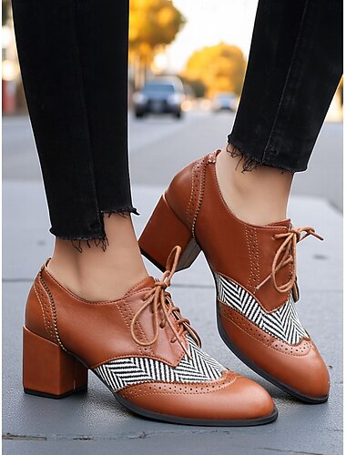  Bruine Oxford-schoenen met dikke hak voor dames met visgraatmotief – vintage brogue-veterpumps van imitatieleer uit de jaren 50 voor werk, universiteit en straatstijl