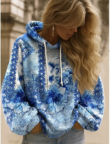  Női Pulóver Hoodie pulóver Virágos Grafika Elegáns Meleg Aktív Hosszú ujj Kapucni Normál felsők Utca Hétköznapi Sport Kollázs Nyomtatott Medence Sötétkék Világoskék Tavasz Ősz Tél