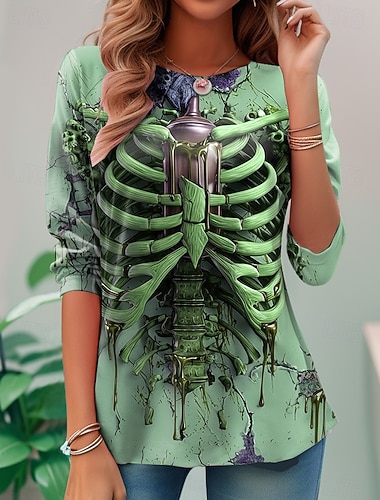  Γυναικείο T-Shirt Γραφικό Κρανίο Σκελετοί Vintage Μόδα Στυλάτο Μακρύ Μανίκι Crew Neck Στρογγυλή Λαιμόκοψη Κανονικά Μπλουζάκια Καθημερινά Σαββατοκύριακα Εκτύπωση Κίτρινο Ροζ Μωβ Πράσινο Καλοκαίρι