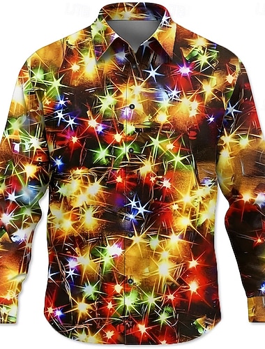  Weihnachten Herren Fröhliche Weihnachten Weihnachtslicht Hemd Knopfhemd Langarm Modisch lässig Outdoor Ferien Frühling Herbst Umlegekragen 3D-Druck Hemden mit Kragen Gelb Rote Grün