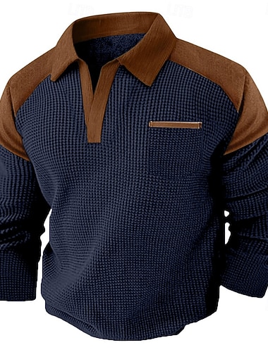  Herren Waffel-T-Shirt Langarm V Ausschnitt Revers Herbst Frühling & Herbst Einfarbig Mode Basic Lässig Farbblock Straße Lässig Sport Schwarz Marineblau Kaki Top T-Shirt für Herren