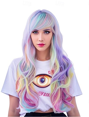  Rugelyss regenboogkleurige pruiken voor vrouwen, 26 inch lang golvend, modieus synthetisch vol haar pruik met pony voor cosplay of feest