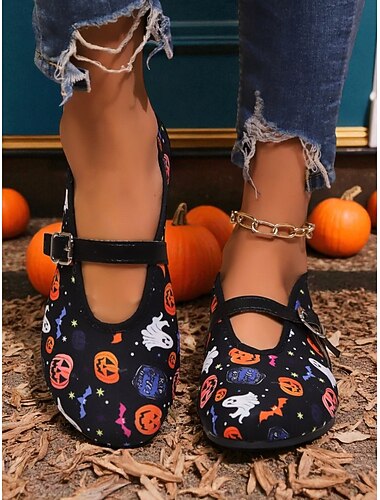  ballerine Mary Jane da donna per Halloween – scarpe vintage con stampa di fantasmi e zucche e cinturino con fibbia per feste in maschera, dolcetto o scherzetto e abbigliamento casual