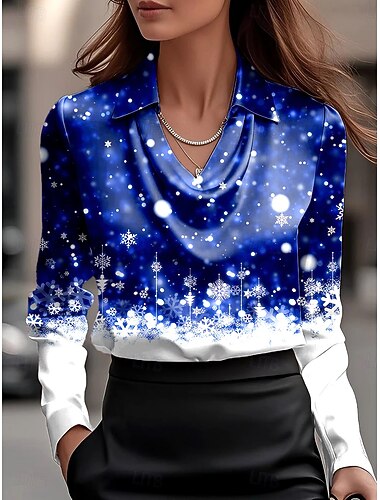  Weihnachten Damen Hemd Ombre Grafik Schneeflocke Elegant Stilvoll Lässig Langarm Wasserfallausschnitt Normale Oberteile Arbeit Party-Abendmode Täglich Gerafft Drapiert Wein Blau Purpur Herbst Winter