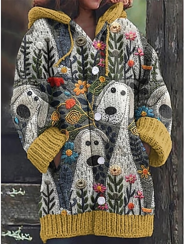  Női Pulóver Kardigán Alkalmi Puha Grafika Mértani Színes Bordázott Kapucni Zseb Gombok Kötött Hosszú ujj Hosszú felsők Kötött Szabadtéri Napi Hétvége Sárga Lóhere Ősz Tél