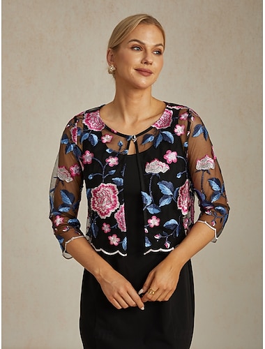  Жен. Блейзер Легкость Кружева Вышивка Элегантный стиль Цветочный принт Официальные Короткая "Круглый вырез ""под горло""" Стандартный Рукав 3/4 Верхняя одежда Пурпурный Лето Весна