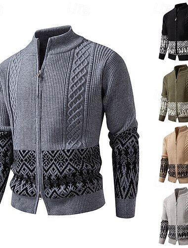  Муж. Вязаная ткань Кардиган Свитер с узором Fair Isle Рельефный узор Кабель Вязать Обычные топы Пэчворк Цветовые блоки Полотняное плетение Воротник-стойка Отпуск Мода Повседневные На каждый день
