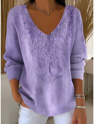  Per donna Felpa Elegante Moda Streetwear Floreale Grafico Scollo a V Lavorato a maglia Manica Lunga Top Regolari Maglia Weekend Zenzero Viola Autunno Inverno