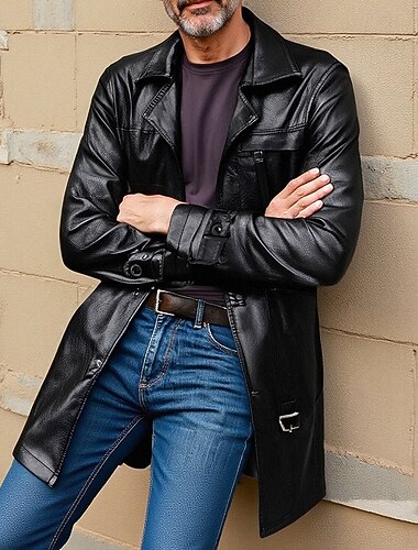  Homme Trench-coat en similicuir Caban Trench Vacances Quotidien Printemps Automne PU Coupe-vent Vêtements d'extérieur Vêtement Tenue Mode Classique Uni Avec Poches Revers Simple Boutonnage