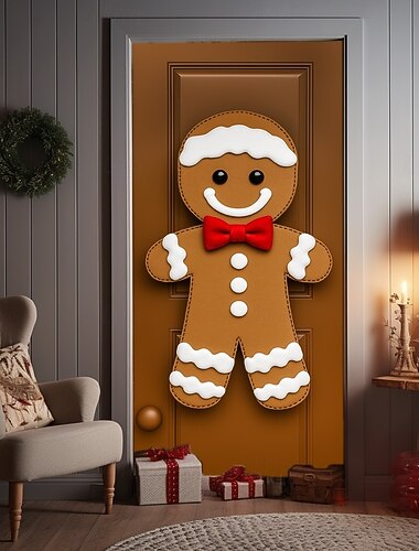  クリスマスドアカバー、ジンジャーブレッドマンのホリデードアカーテン、2025年クリスマスのfestiveな前ドアハンギング、パーティー、ポーチの入り口のホームデコレーション