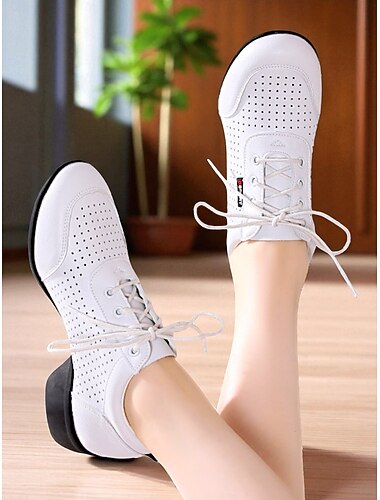  Witte leren veterschoenen voor dames - ademende professionele jazzsneakers voor ballroomoefeningen en optredens