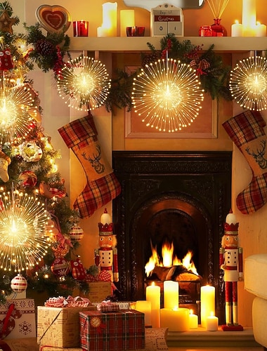  4 Pakke Fyrverkeri Lys Dekorasjoner Stjerneburst LED Kobbertråd Lyskæde 8 Moduser Batteridrevet Fe-lamper med Fjernkontroll Bryllups Dekorative Lys Fest Patio Hagedekorasjon