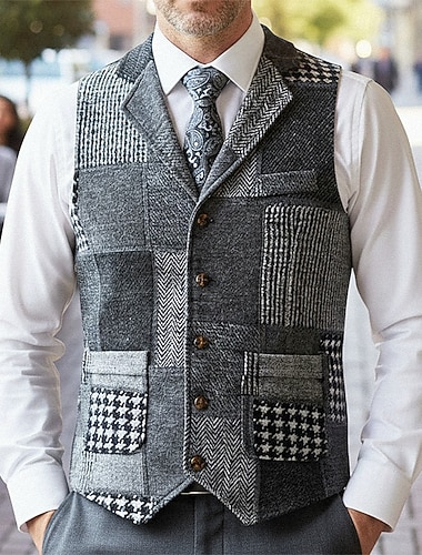  Herren Weste Gilet Urlaub Party Geschäft Mode Lässig Frühling Herbst Tasche Knöpfe Polyester Bequem Karomuster Einreihig Ein-Knopf Revers Normale Passform Blau Wein Orange Dunkelblau Weste