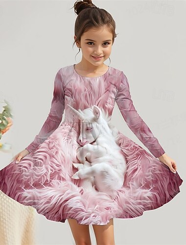  Tyttöjen 3D Yksisarvinen Mekko Pitkähihainen Kesä Kevät Loma Päivittäin Pyhäpäivä Prinsessa Kaunis Makea Lapset 4-12 vuotta Rento mekko A linjainen mekko Polvipituinen Normaali