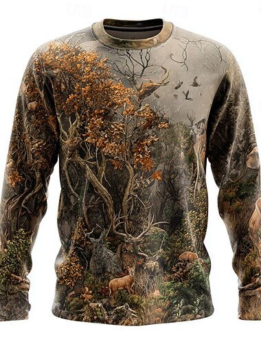  رجالي مموه أيل تي شيرت كم طويل تي شيرت طباعة ثلاثية الأبعاد رقبة عالية مدورة قميص موضة الخارج شارع رياضة في الهواء الطلق الصيد أخضر 1 # أخضر 2 # الأخضر 3 # الصيف الربيع ملابس S M L XL XXL XXXL