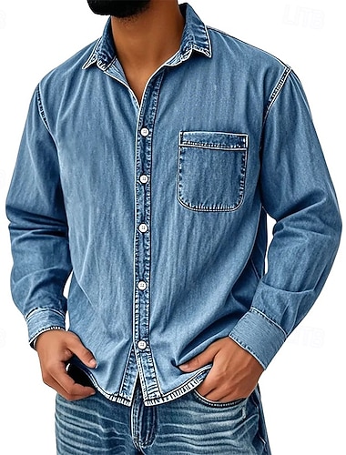  Herr Skjorta Casual skjorta Vintage skjorta Knapp upp skjorta Svart Ljusgrön Vin Marinblå Blå Långärmad Slät Kavajslag Utekväll Streetwear Ficka Kläder Mode Retro / vintage