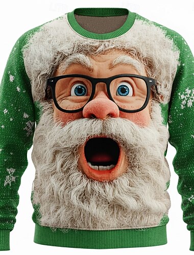  Stygg julegenser Herre julenissen 3D-tegneseriefigur Pullover genser Strikketøy Crewneck Fritid Feriereise Daglig Festival 3D-utskrift Hold Varm Langermet Høst Vinter Svart Rød Grønn