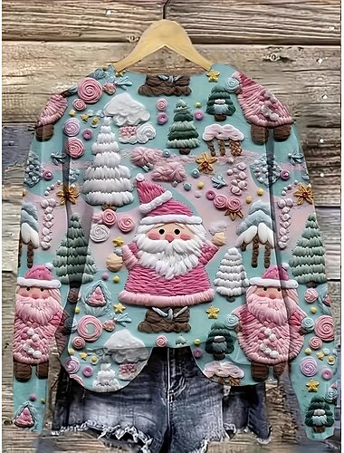  Damen Pullover Lässig Grafik Weihnachtsmann Rundhalsausschnitt Gestrickt Langarm Normale Oberteile Stricken Arbeit Rosa Herbst Winter